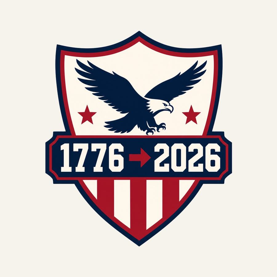 1776 → 2026 Shield Sticker — Crimson Red