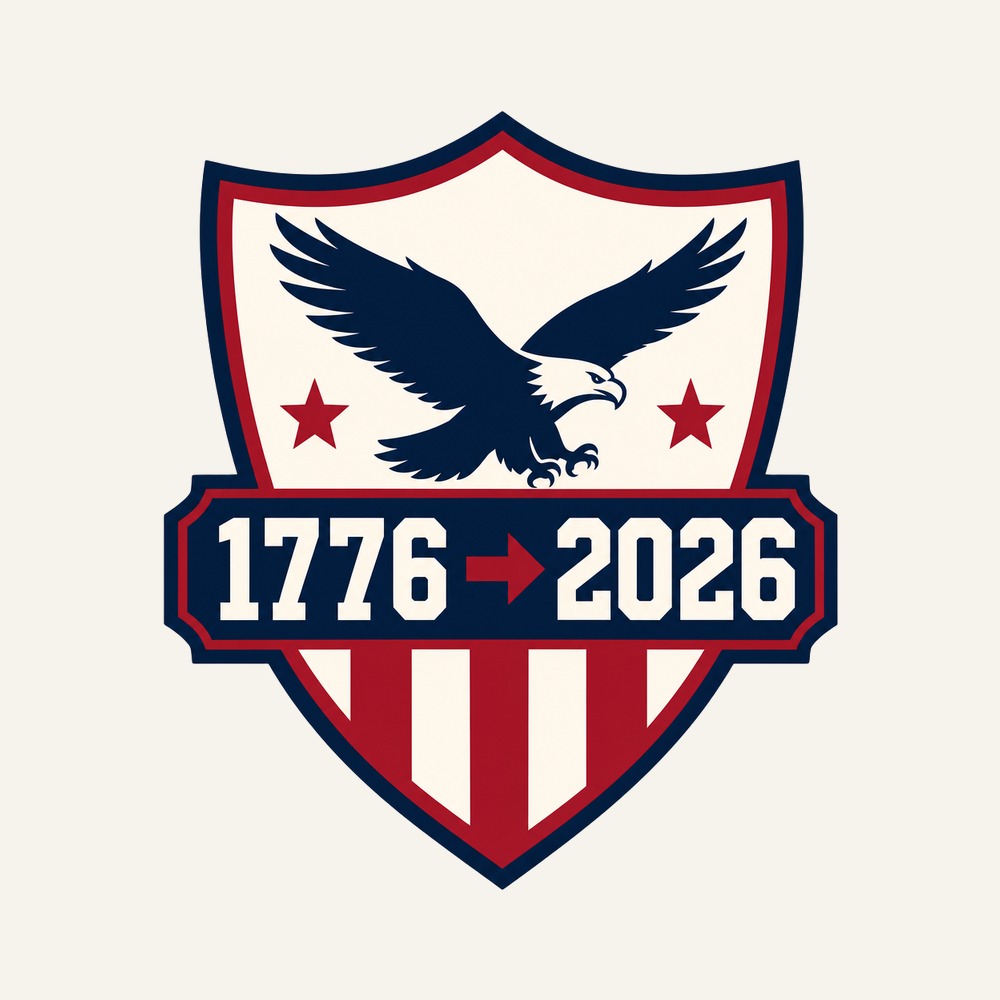 1776 → 2026 Shield Sticker — Crimson Red